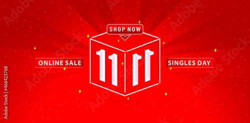 11.11 sale illustration Cube model number sign red ribbon with gradient red background, applicable for online shop sign, poster, flyer, social media banner, label promotion store and web banner.