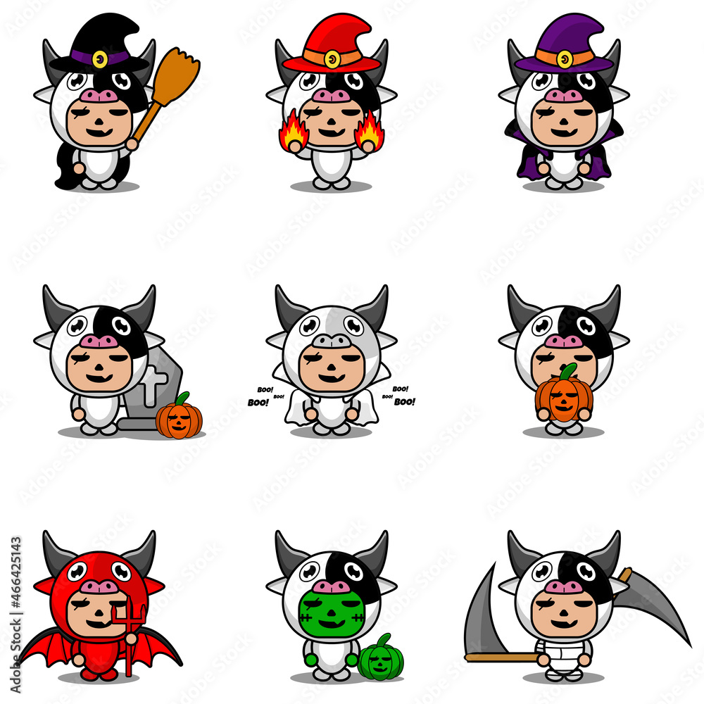 vector cartoon character cute cow animal mascot costume set bundle halloween vector cartoon character cute cow animal mascot costume set bundle halloween