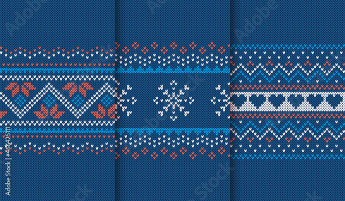 Knit prints. Christmas seamless pattern. Vector. Blue knitted sweater texture. Set Xmas winter geometric background. Holiday fair isle traditional ornament. Festive crochet. Wool pullover illustration