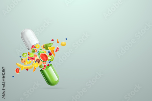 Fototapeta Naklejka Na Ścianę i Meble -  Food supplement in the form of medicinal capsules and nutritional tablets with fruit inside. Alternative medicine, vitamins, naturopathy, health, homeopathy. 3D illustration, 3D render.