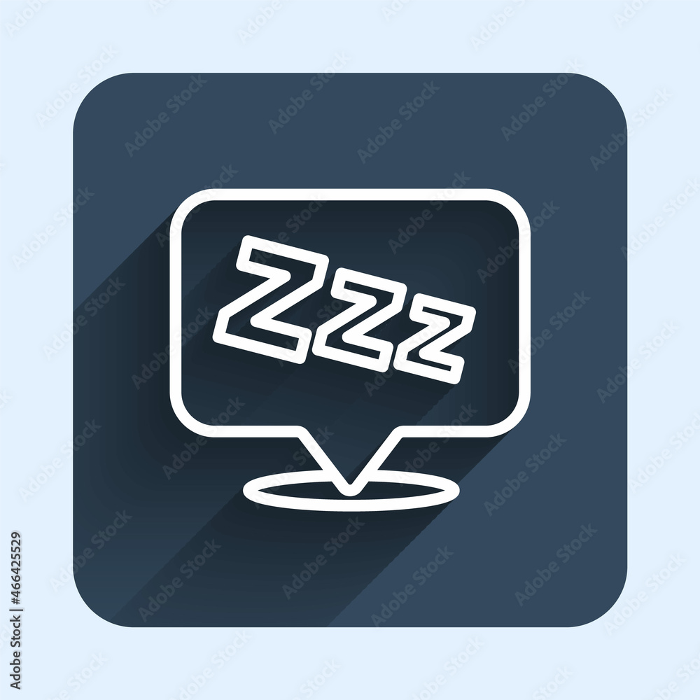 White line Sleepy icon isolated with long shadow background. Sleepy zzz talk bubble. Blue square button. Vector White line Sleepy icon isolated with long shadow background. Sleepy zzz talk bubble. Blue square button. Vector