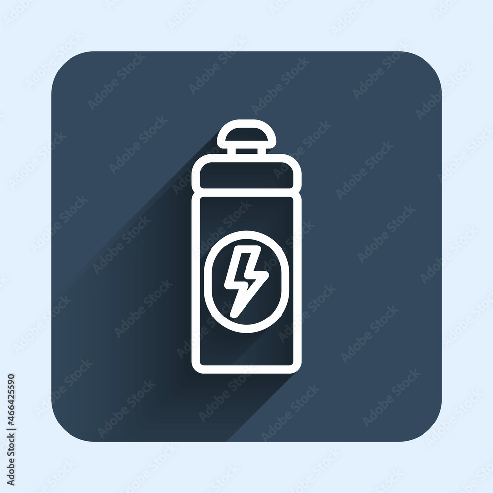 White line Fitness shaker icon isolated with long shadow background. Sports shaker bottle with lid for water and protein cocktails. Blue square button. Vector White line Fitness shaker icon isolated with long shadow background. Sports shaker bottle with lid for water and protein cocktails. Blue square button. Vector