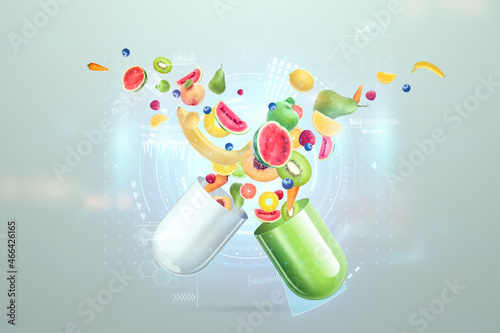 Food supplement in the form of medicinal capsules and nutritional tablets with fruit inside. Alternative medicine, vitamins, naturopathy, health, homeopathy. 3D illustration, 3D render.