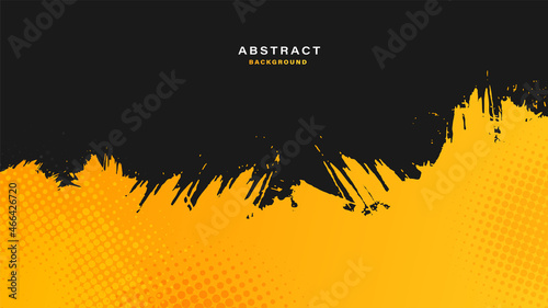 Black and yellow abstract background with brushstroke and halftone style.