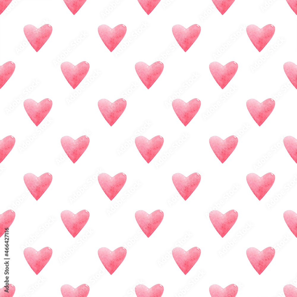 Seamless pattern with bright pink hand painted watercolor hearts. Romantic decorative background perfect for Valentine's day gift paper, wedding decor or fabric textile