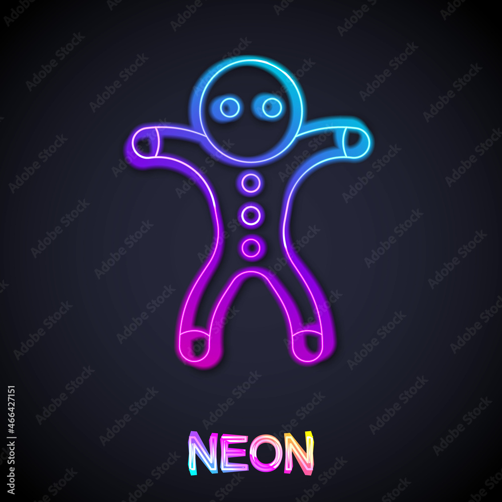 Glowing neon line Holiday gingerbread man cookie icon isolated on black background. Cookie in shape of man with icing. Vector Glowing neon line Holiday gingerbread man cookie icon isolated on black background. Cookie in shape of man with icing. Vector