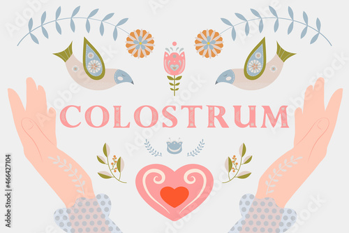 Colostrum word, folk style illustration.