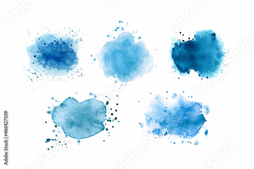 Blue watercolor stains and splashes isolated elements set