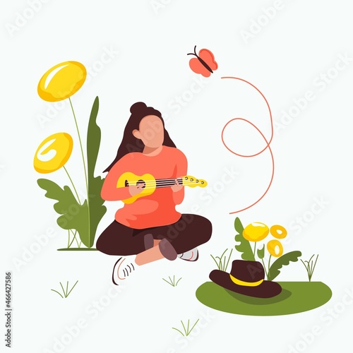 A girl sits in a meadow with flowers, plays the ukulele. Butterfly and hat. Elements. vector illustration