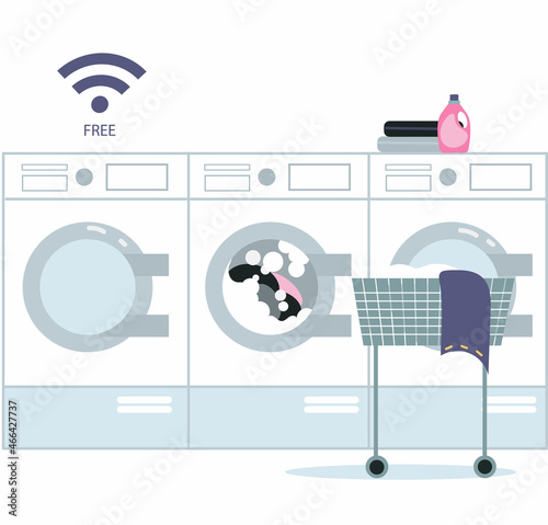 Shared laundry room with free wi-fi area. Vector illustration.