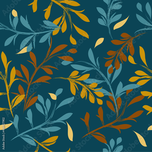 Seamless colorful botanical pattern. Hand-drawn leaves and twigs. Natural background for textile, cover, wallpaper, gift packaging, printing.Romantic design for calico, silk.