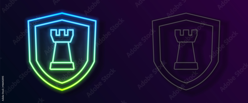 Glowing neon line Chess shield icon isolated on black background. Business strategy. Game, management, finance. Vector Glowing neon line Chess shield icon isolated on black background. Business strategy. Game, management, finance. Vector