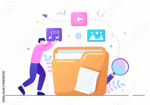File Management System and Information Vector Illustration with People Holding Folder, Archive or Online Service for documents Storage and Organization