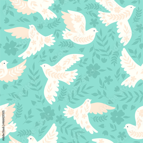 Seamless pattern with doves on a blue background. Vector graphics.