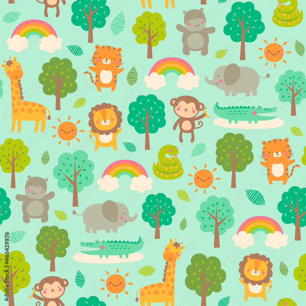 Cute jungle animals with trees and rainbows seamless pattern on green background