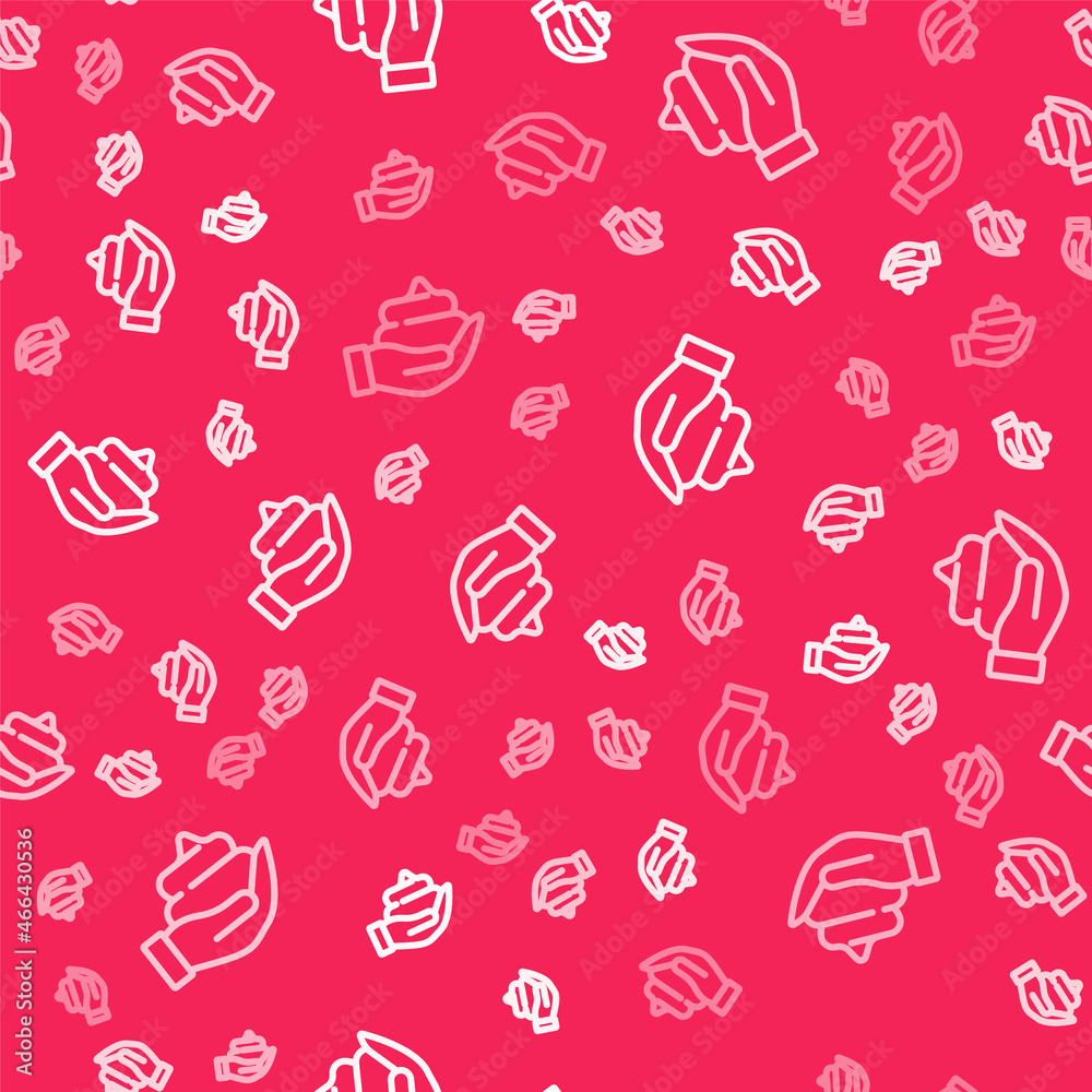 Naklejka premium White line Shaving gel foam on hand icon isolated seamless pattern on red background. Shaving cream. Vector