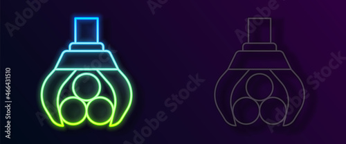Glowing neon line Grapple crane grabbed a log icon isolated on black background. Forest industry. Industrial crane for lumber trunk wood production. Vector