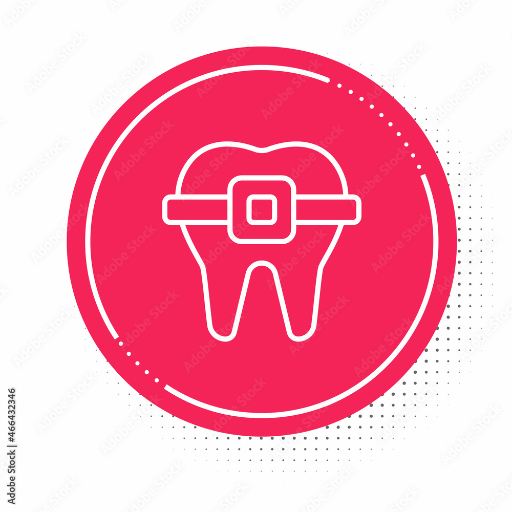 White line Teeth with braces icon isolated on white background. Alignment of bite of teeth, dental row with with braces. Dental concept. Red circle button. Vector White line Teeth with braces icon isolated on white background. Alignment of bite of teeth, dental row with with braces. Dental concept. Red circle button. Vector