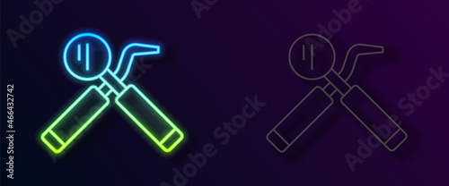 Glowing neon line Dental inspection mirror and probe icon isolated on black background. Explorer scaler. Tool dental checkup. Vector