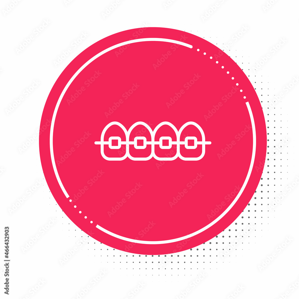 White line Teeth with braces icon isolated on white background. Alignment of bite of teeth, dental row with with braces. Dental concept. Red circle button. Vector White line Teeth with braces icon isolated on white background. Alignment of bite of teeth, dental row with with braces. Dental concept. Red circle button. Vector