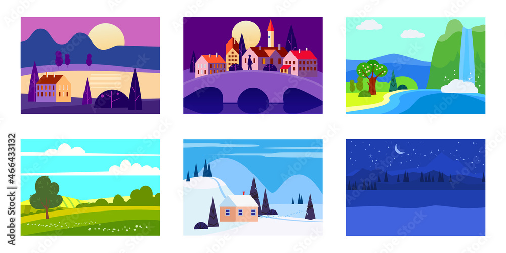 Collection of seasons landscapes winter, spring, summer, autumn. Rural ...