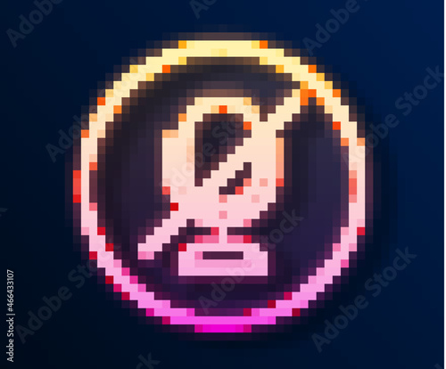 Glowing neon line Mute microphone icon isolated on black background. Microphone audio muted. Vector