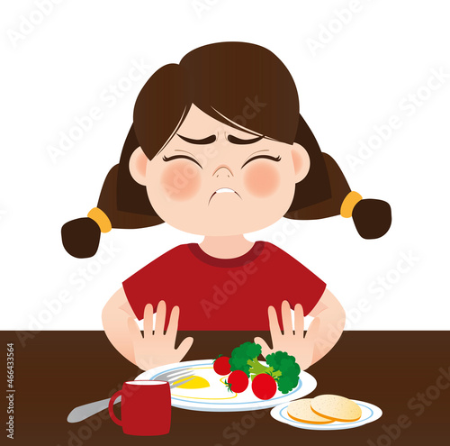 A girl sit at the dinner table and refuse to eat broccoli, tomatoes and fried eggs. Push the plate away from you with your hands. Healthy food. Vector illustration.
