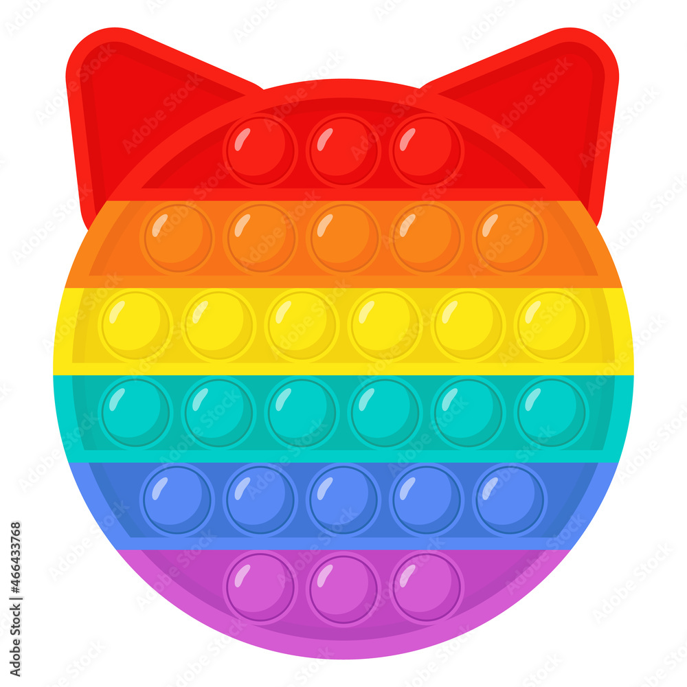 Vector illustration of pop it in cat head shaped. Antistress silicone flexible toy for relax. Sensory popular game in rainbow colors for adult and children.Isolated elements on white background. - obrazy, fototapety, plakaty 