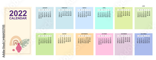 Calendar for 2021 year monthly template. Basic grid week starts on sunday. Vector