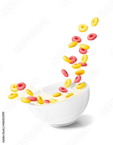 Corn rings in ceramic bowl with milk. Cereals food. Traditional dry corn flakes breakfast, Isolated on white background. Vector illustration.