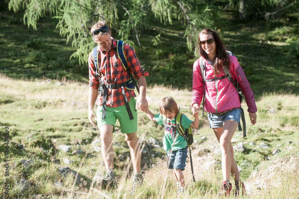Happy parents holding hands of son while hiking on alpine meadow during vacation Happy parents holding hands of son while hiking on alpine meadow during vacation