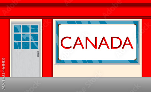 Canada text with front door background. Bar, Cafe or drink establishment front with poster.
