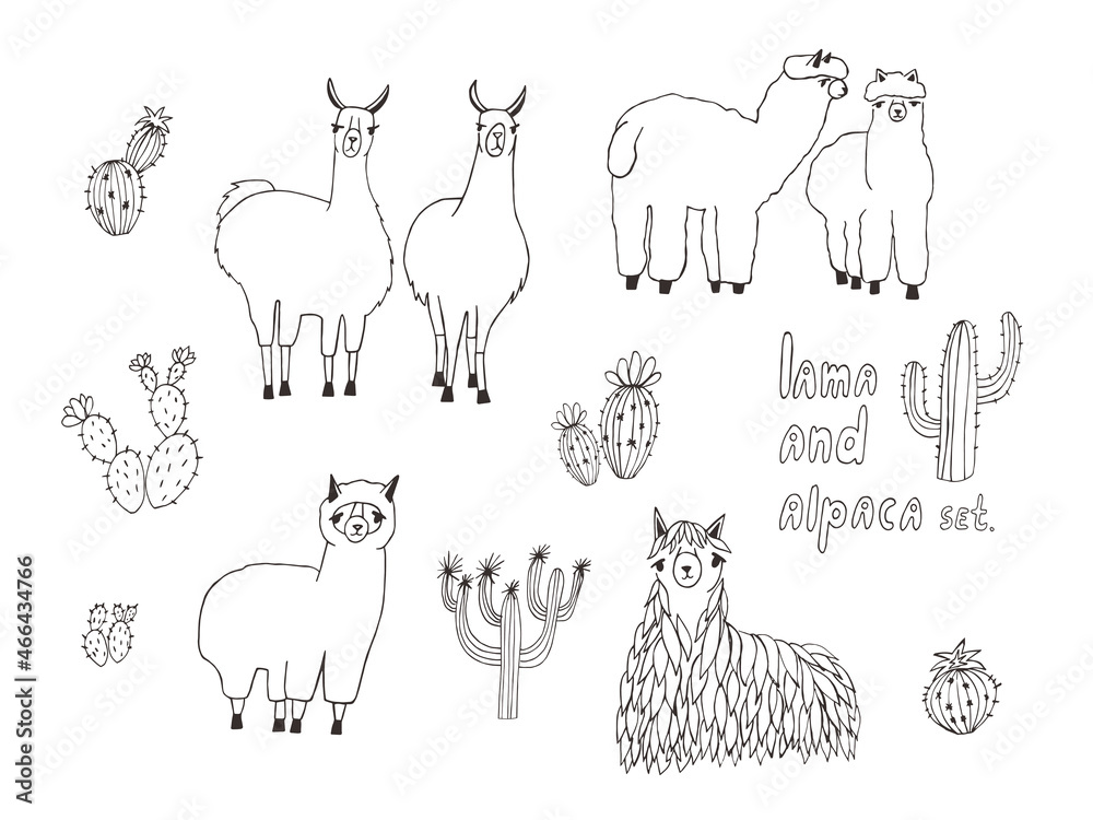 Cute Lama, Alpaca and cactuses set. Hand drawn vector illustration Cute Lama, Alpaca and cactuses set. Hand drawn vector illustration