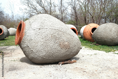 kvevri, earthen vessel for wine. workshop for the production of clay wine vessels with a volume of 2000 liters. Georgian traditional qvevri for wine production and storage