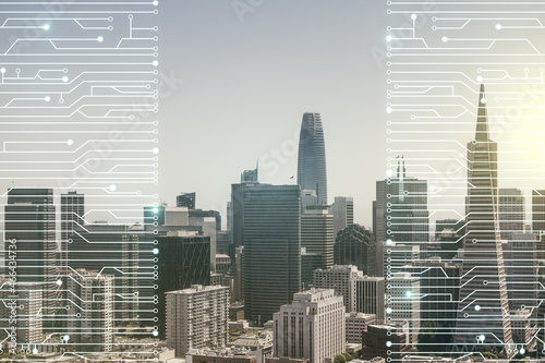 Abstract virtual micro circuit sketch on San Francisco office buildings background  future technology and AI concept. Double exposure