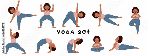 A set of a Girl doing yoga yoga. A plump girl in various poses on a white background. Vector illustration in a flat style