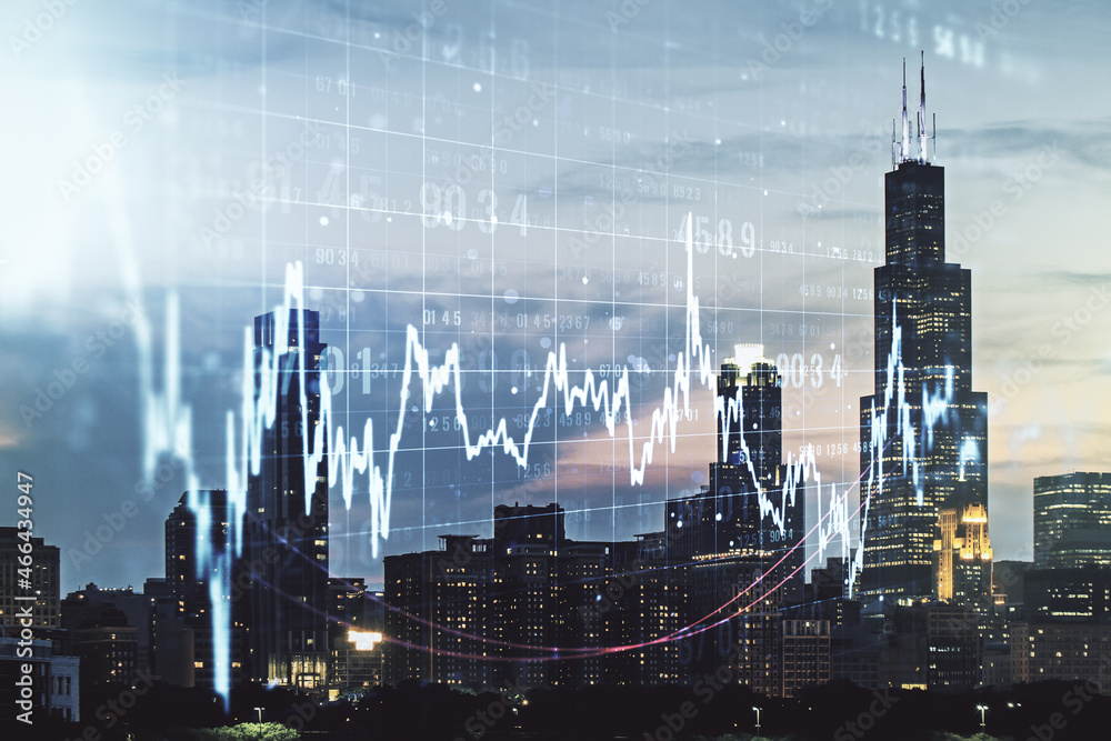 Multi exposure of abstract virtual financial graph hologram on Chicago skyline background, forex and investment concept