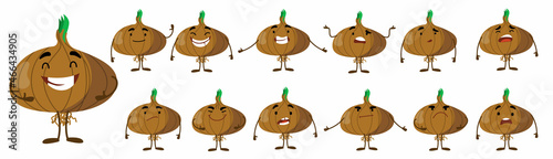 Seth is a cute onion character with different emotions. A collection of cartoon characters-plants. Vector illustration of food products