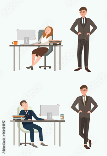 People Man and woman office workers sleep at work. Taken by surprise angry boss, chief. Colorful flat illustration.