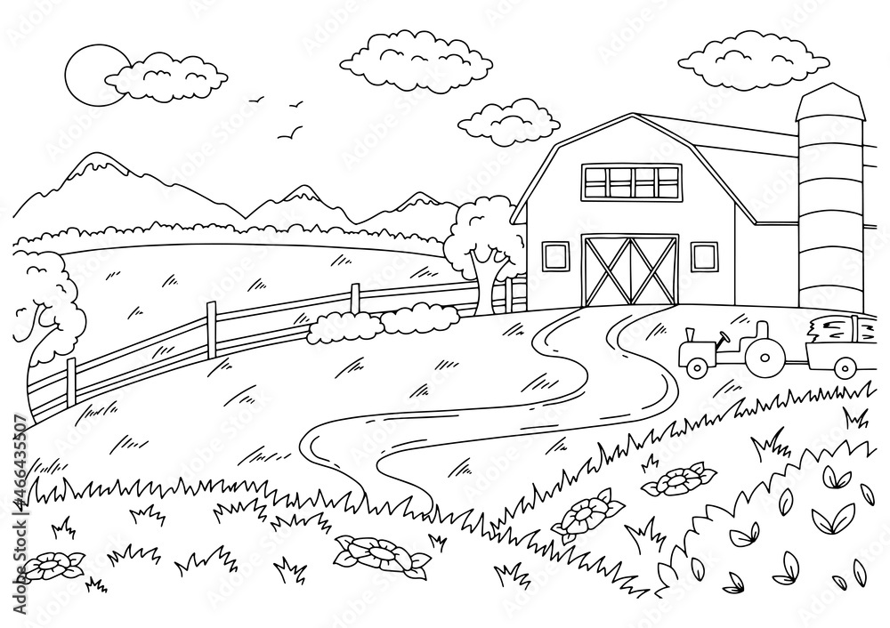 Wonderful natural landscape on farm. Coloring book page for kids