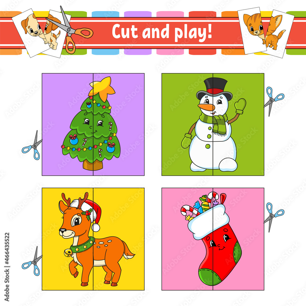 Fototapeta premium Cut and play. Flash cards. Color puzzle. Education developing worksheet. Activity page. Game for children. Funny character. Isolated vector illustration. cartoon style.