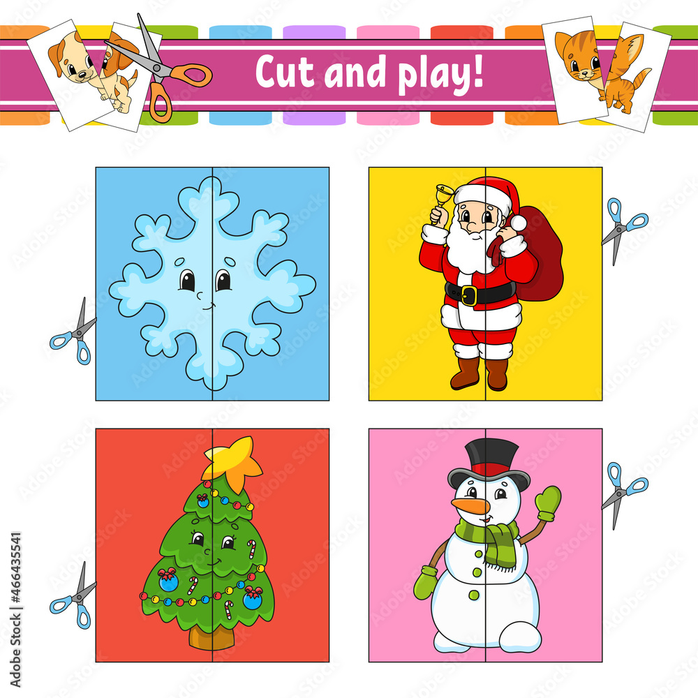 Cut and play. Flash cards. Color puzzle. Education developing worksheet. Activity page. Game for children. Funny character. Isolated vector illustration. cartoon style.