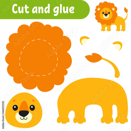 Cut and glue. Game for kids. Education developing worksheet. Cartoon character. Color activity page. Hand drawn. Isolated vector illustration.