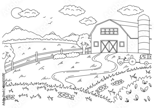 Wonderful natural landscape on farm. Coloring book page for kids. Cartoon style. Vector illustration isolated on white background.