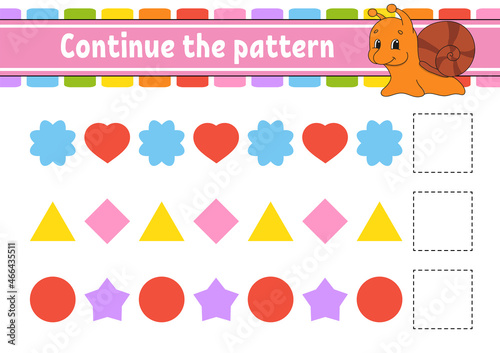 Continue the pattern. Education developing worksheet. Game for kids. Activity page. Puzzle for children. Riddle for preschool. Flat isolated vector illustration. Cute cartoon style.