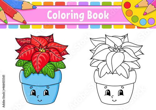 Poinsettia flower. Coloring book for kids. cartoon character. Vector illustration. Black contour silhouette. Isolated on white background. Christmas theme.