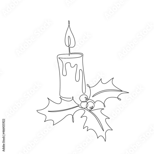 Abstract candle and holly berries line drawing isolated on white background.