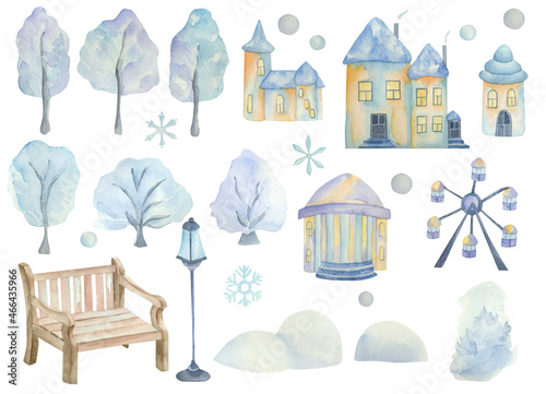 Set of watercolor elements of the winter city: trees in the snow, houses, bench, snowflakes, street lamp.