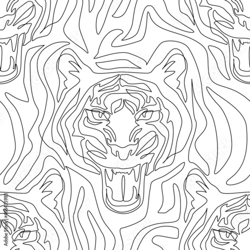 Fototapeta Naklejka Na Ścianę i Meble -  Tiger head line drawing, minimal elements seamless pattern.
