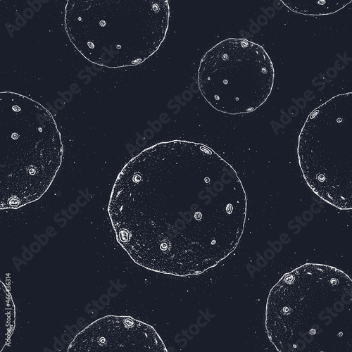 Seamless pattern with full moon in outer space with lunar craters. hand drawn vector illustration on black background.